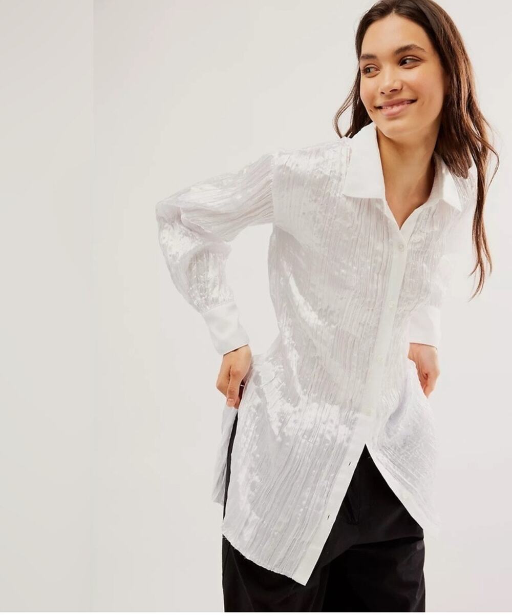 Free People Lydia Top Size Extra Small Button Down Shirt Tunic Optic White NWT